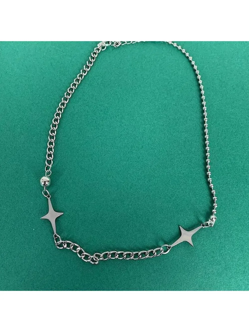 Cyber Y2k silver double start opium cyber punk style necklace. Cool design.